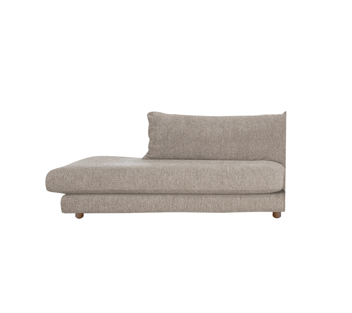 Ljusbrun chaiselong med minimalistisk design och ett stödjande ryggstöd.