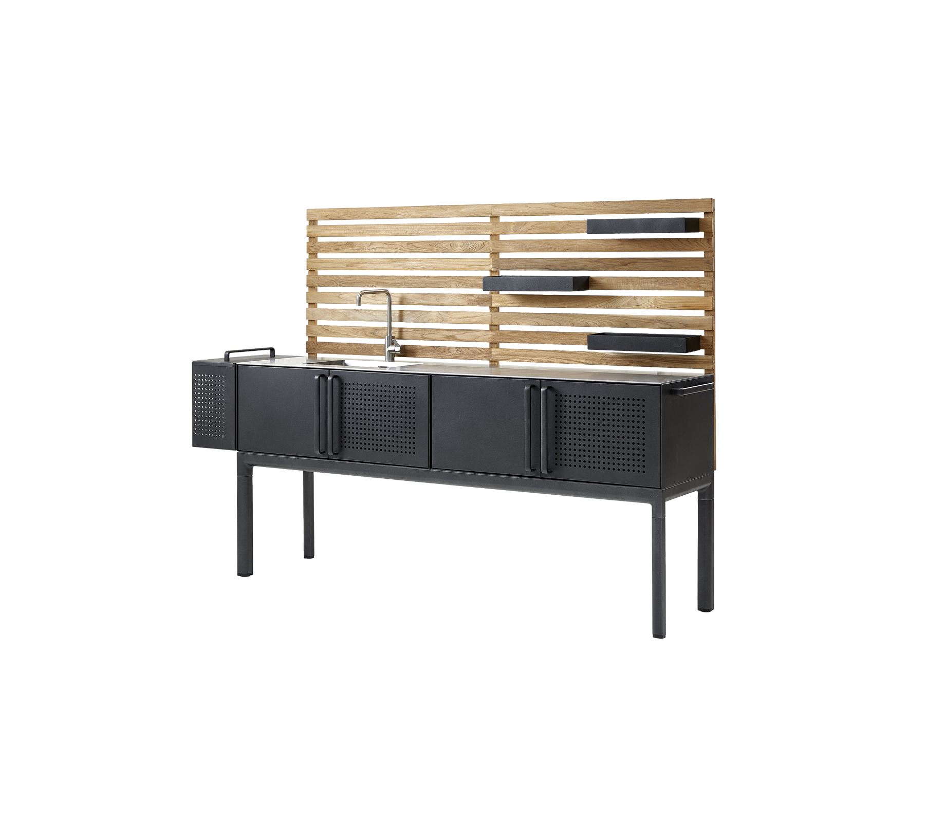Modernt skåp med en stilren svart finish, som har fyra förvaringsutrymmen och en baksida av träpaneler med hyllutrymme. Perfekt för stilfull organisering.