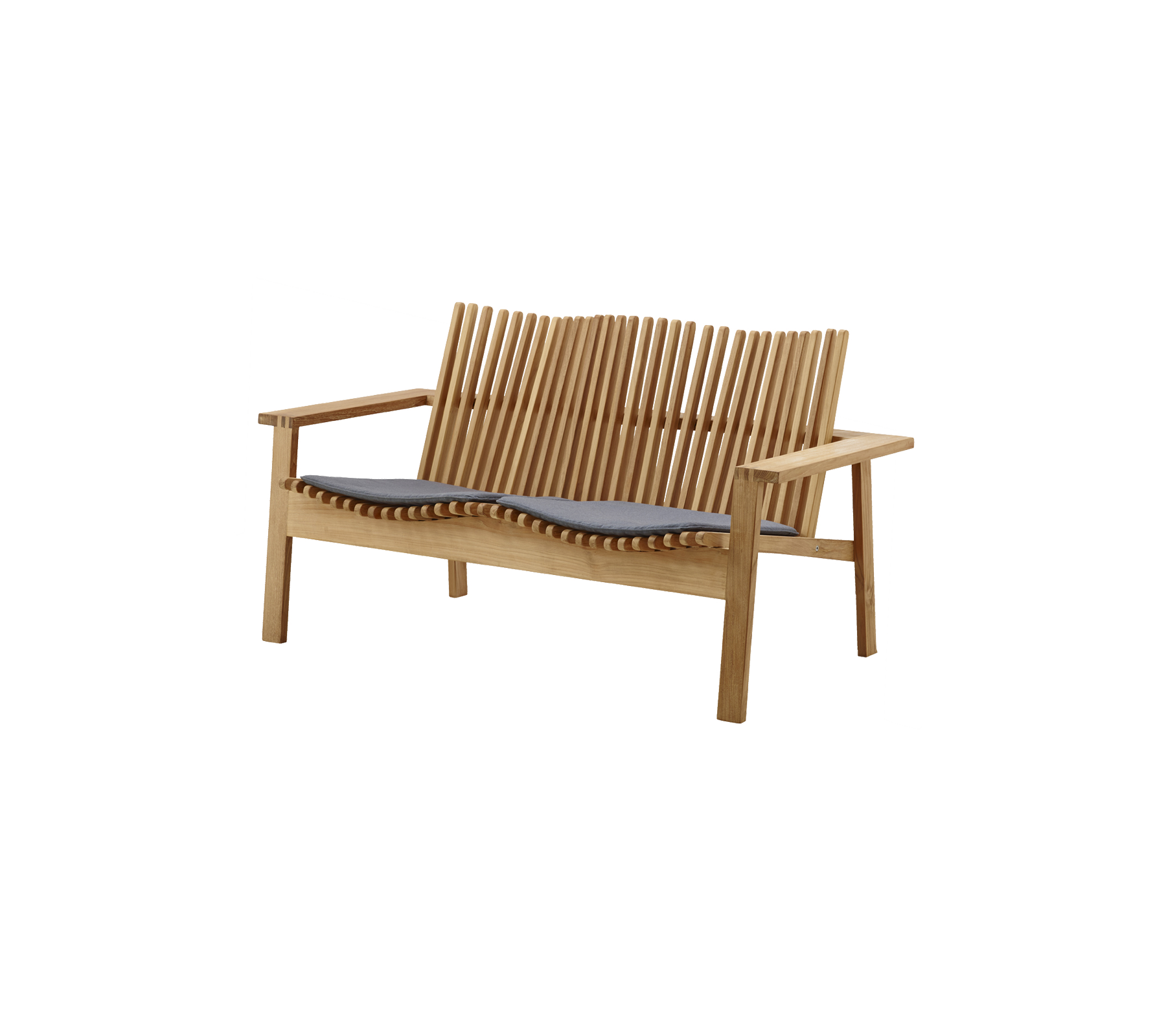 Stilren träbänk med lamellrygg och bekväm grå kudde, perfekt för avkoppling och sittplatser i vilket utrymme som helst.