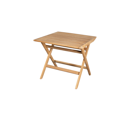 Kompakt träbord med ribbad tabletop och korslagda ben, perfekt för mångsidig användning i olika miljöer.