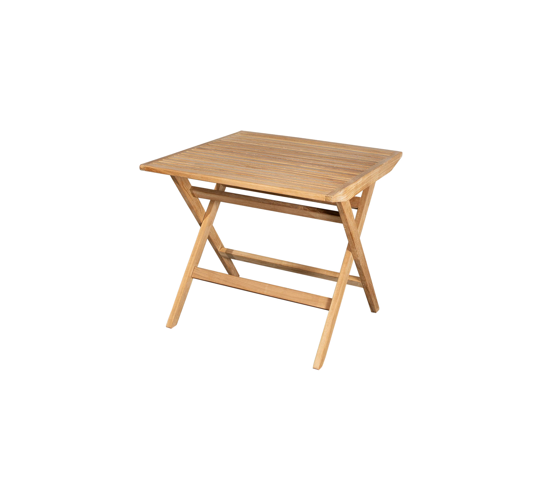 Kompakt träbord med ribbad tabletop och korslagda ben, perfekt för mångsidig användning i olika miljöer.