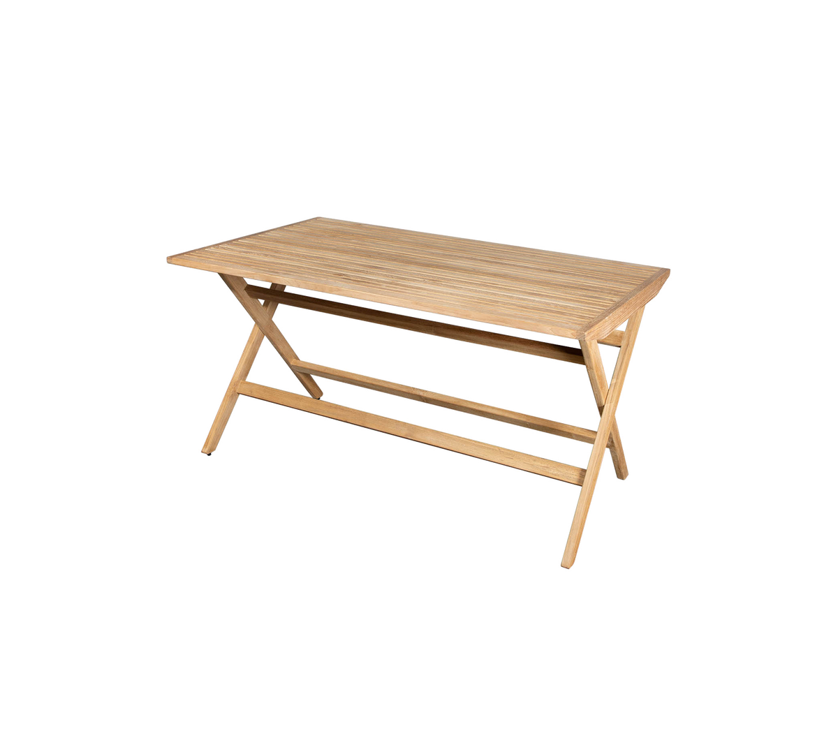 Ljust träbord med en slät yta och korslagda ben, lämpligt för olika användningar.
