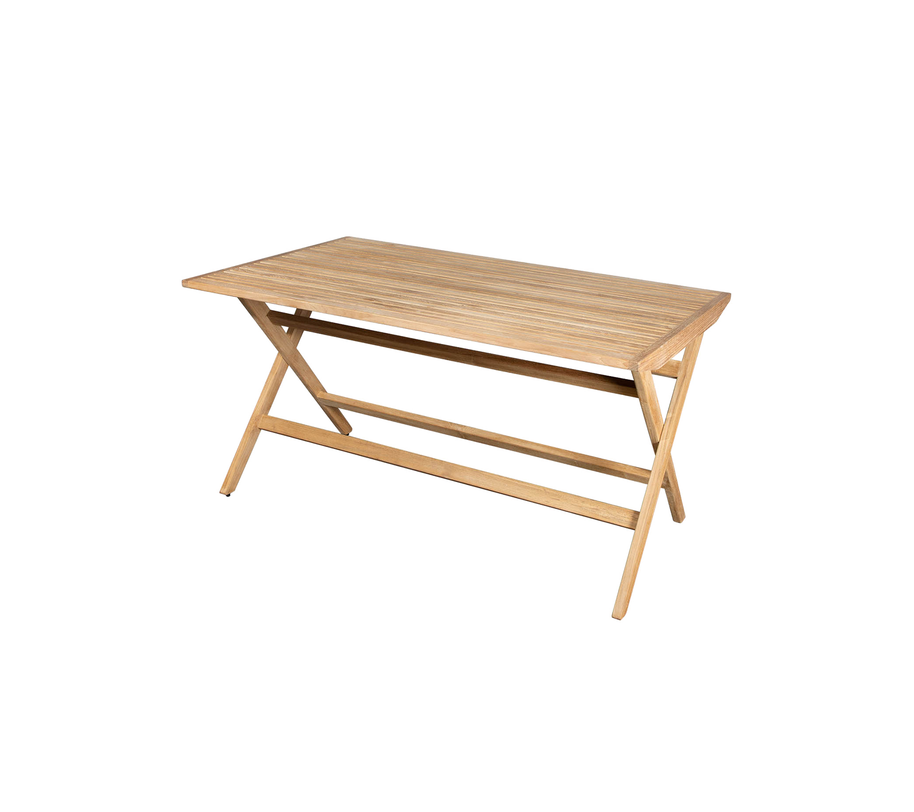 Ljust träbord med en slät yta och korslagda ben, lämpligt för olika användningar.