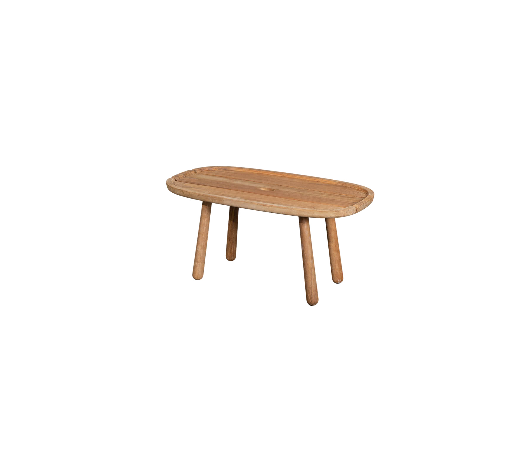 Ett träbord med oval topp och fyra stabila ben, designat för en modern eller rustik estetik.