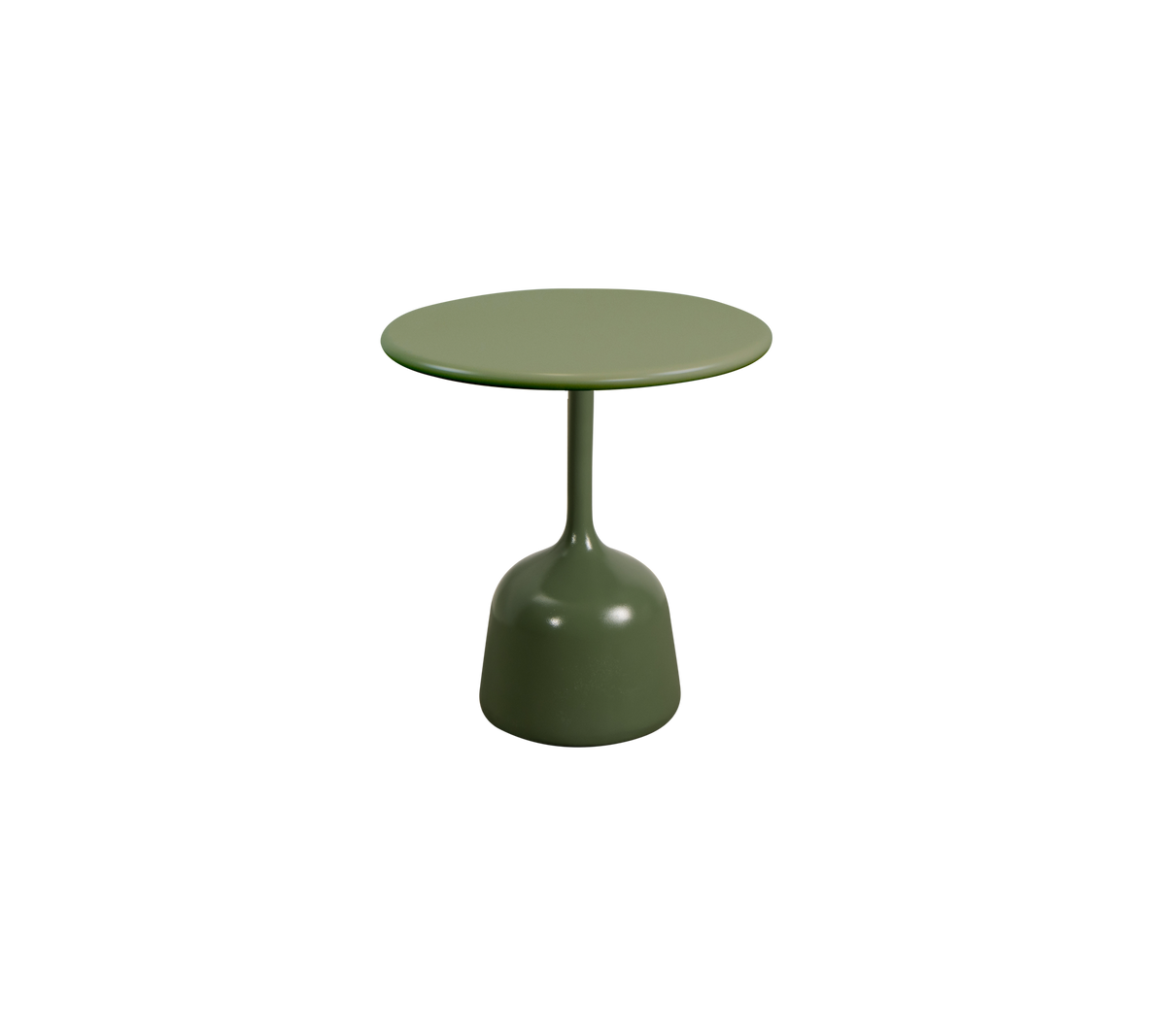 Litet runt bord med en enkel design och en solid grön finish, med en slät topp som stöds av en rund bas.