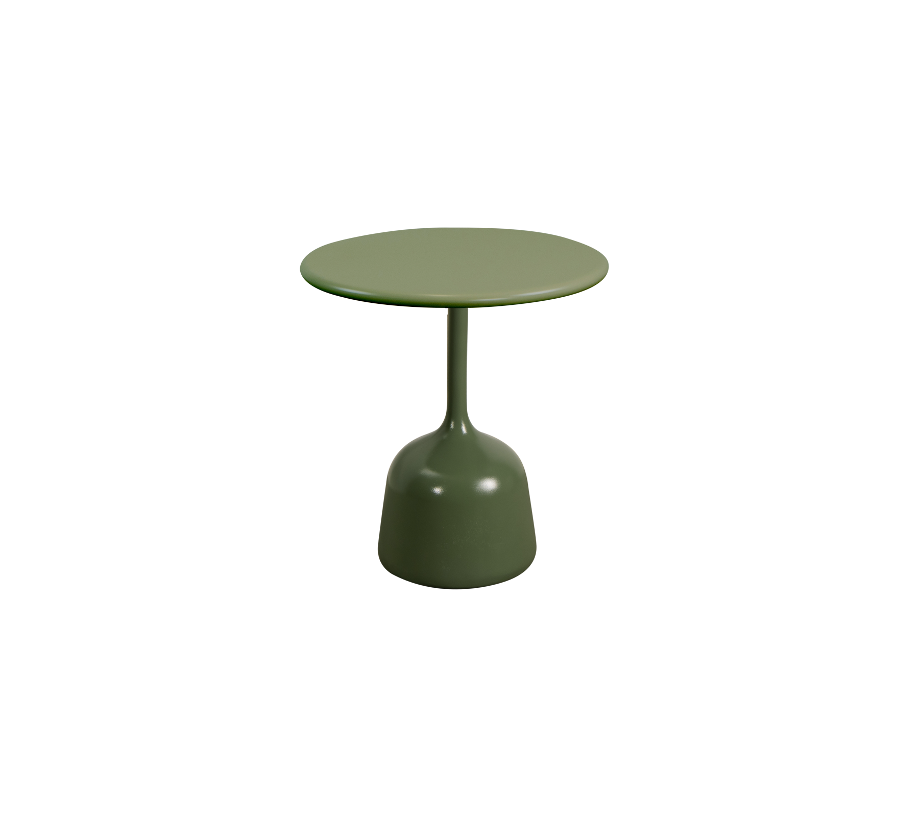 Litet runt bord med en enkel design och en solid grön finish, med en slät topp som stöds av en rund bas.