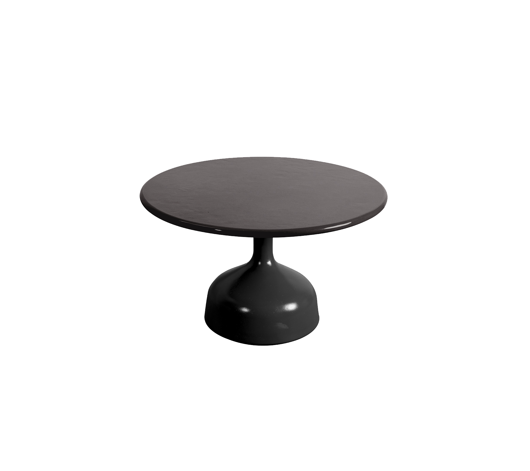 Runt svart bord med en slät yta och ett pelarunderlag, designat för modern estetik och mångsidig användning.