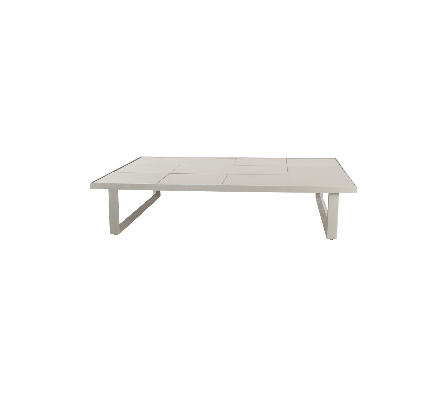 Modernt sandfärgat bord med en minimalistisk design.
