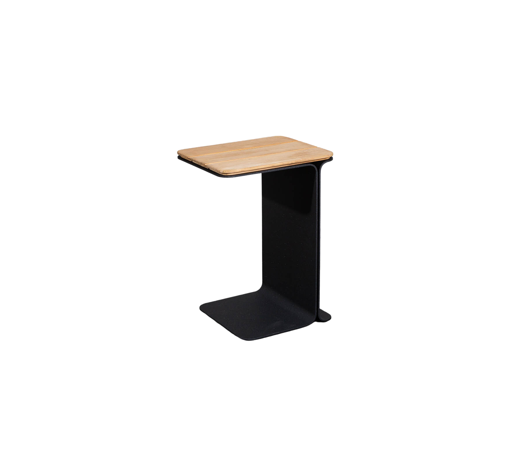 Minimalistiskt sidobord med en trämontage och en elegant svart bas, perfekt för modern inredning.