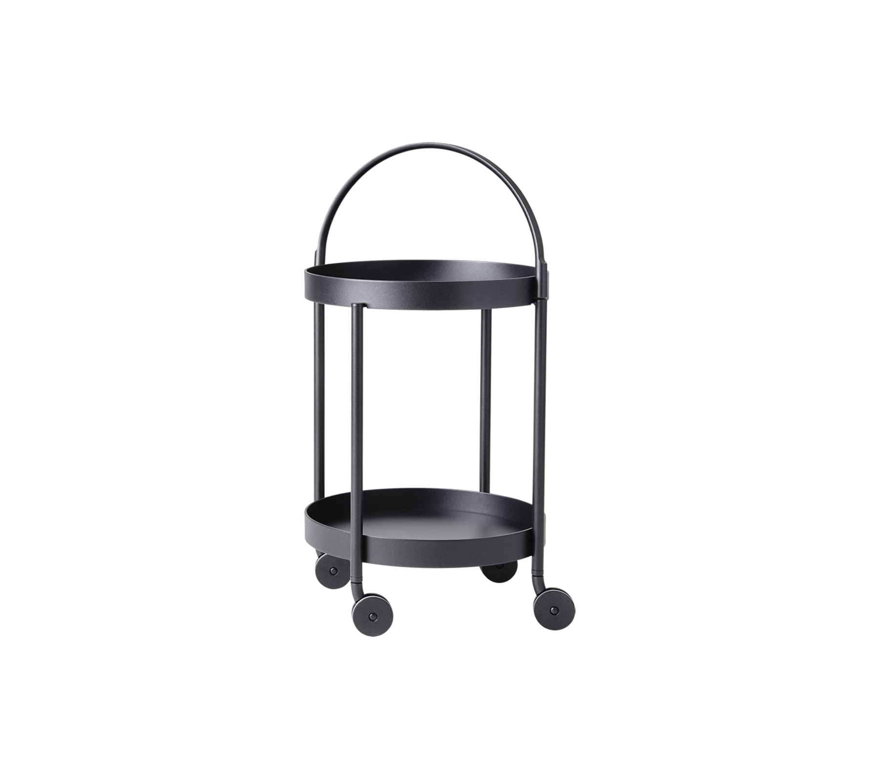 Svart, tvåvånings serveringsvagn på hjul med ett böjt handtag och minimalistisk design, ideal för mångsidig förvaring och visning.