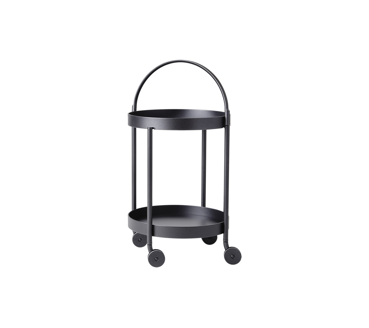 Svart, tvåvånings serveringsvagn på hjul med ett böjt handtag och minimalistisk design, ideal för mångsidig förvaring och visning.