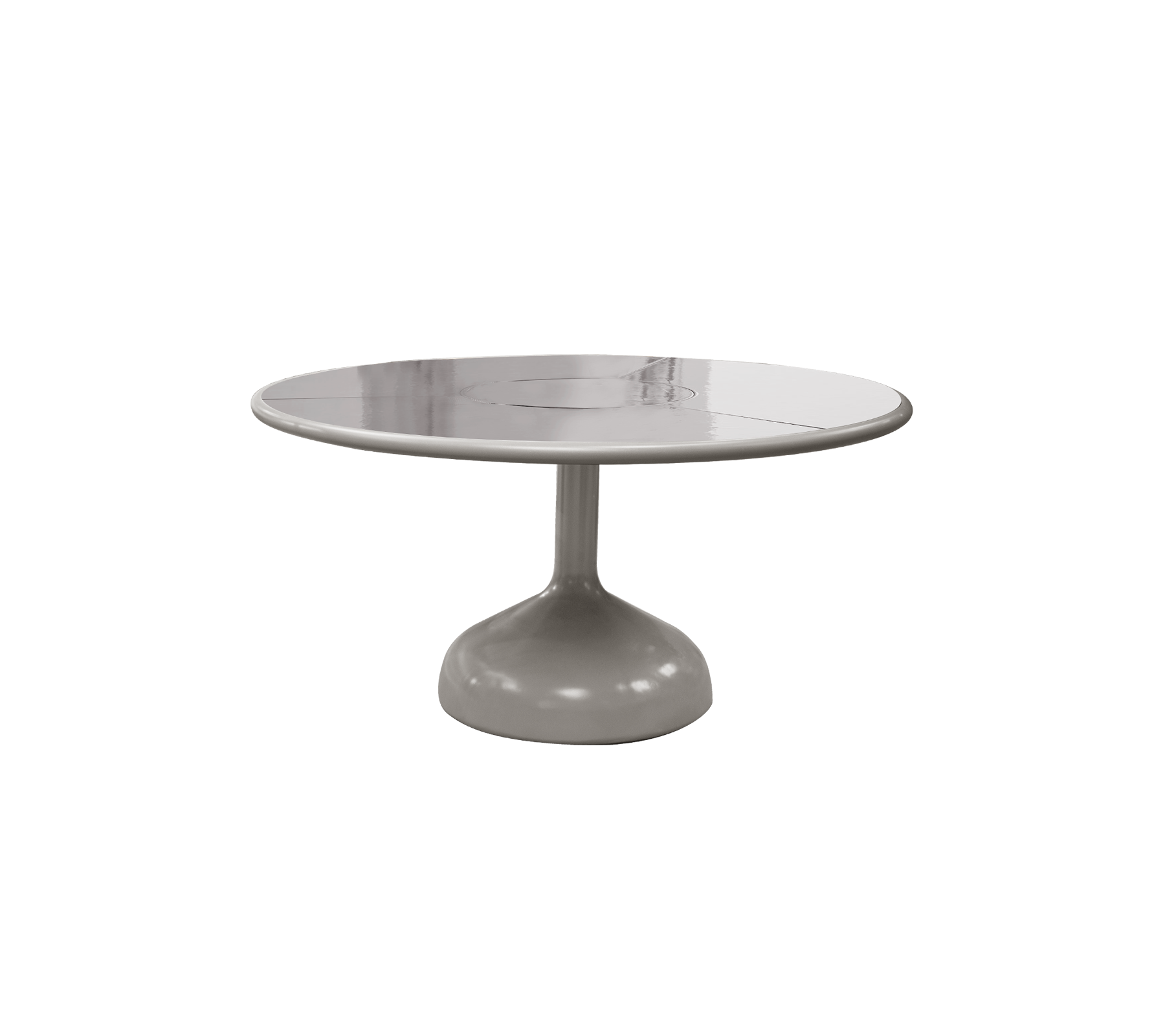 Runt bord med en slät, blank yta och ett robust pelarbord, som visar en modern och minimalistisk design.