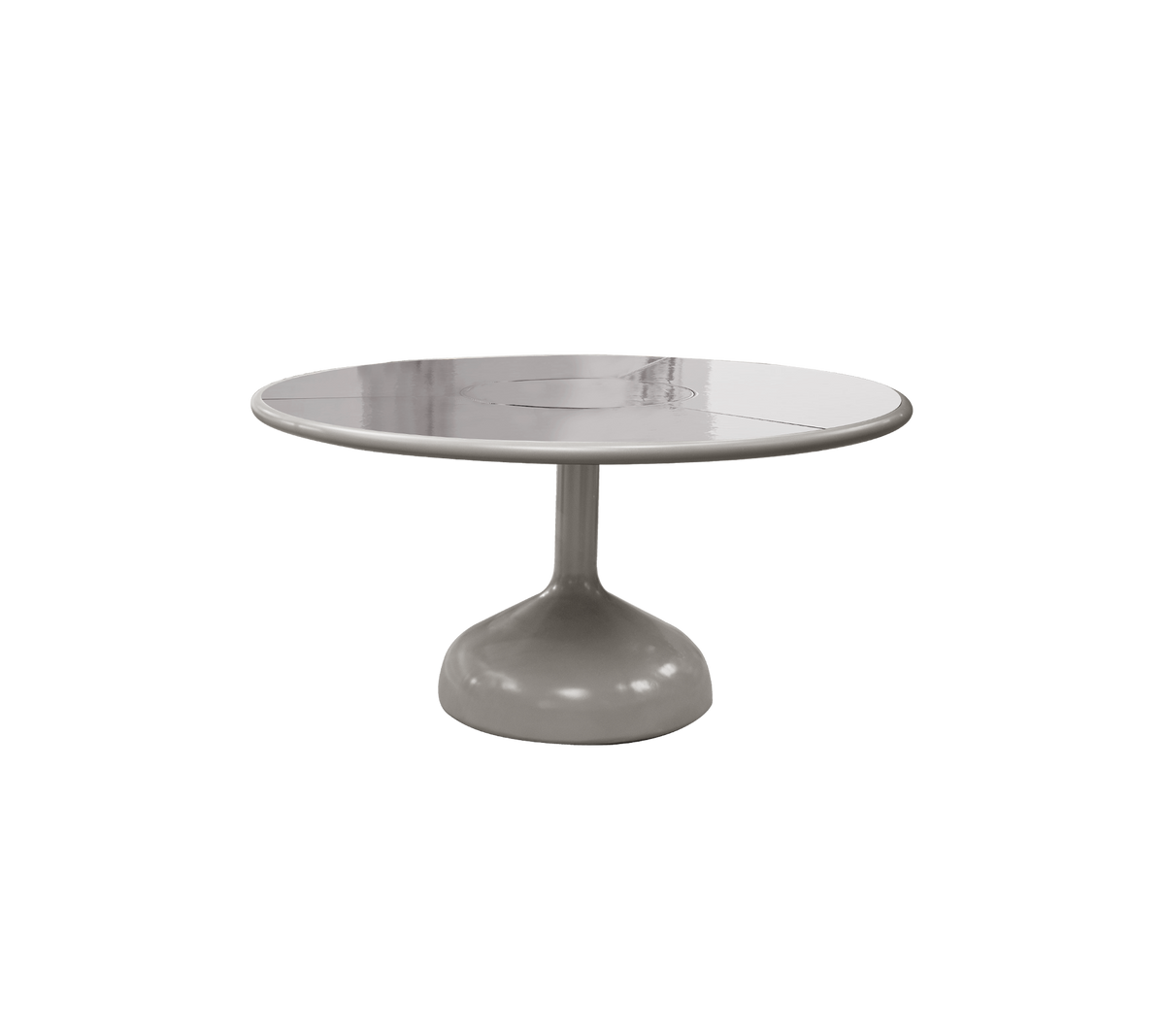 Runt bord med en slät, blank yta och ett robust pelarbord, som visar en modern och minimalistisk design.