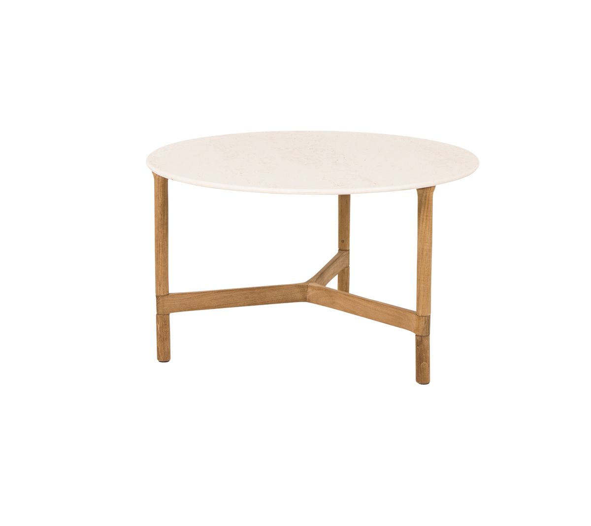 Runt soffbord med en slät vit topp och ljusa träben, med en modern och minimalistisk design.