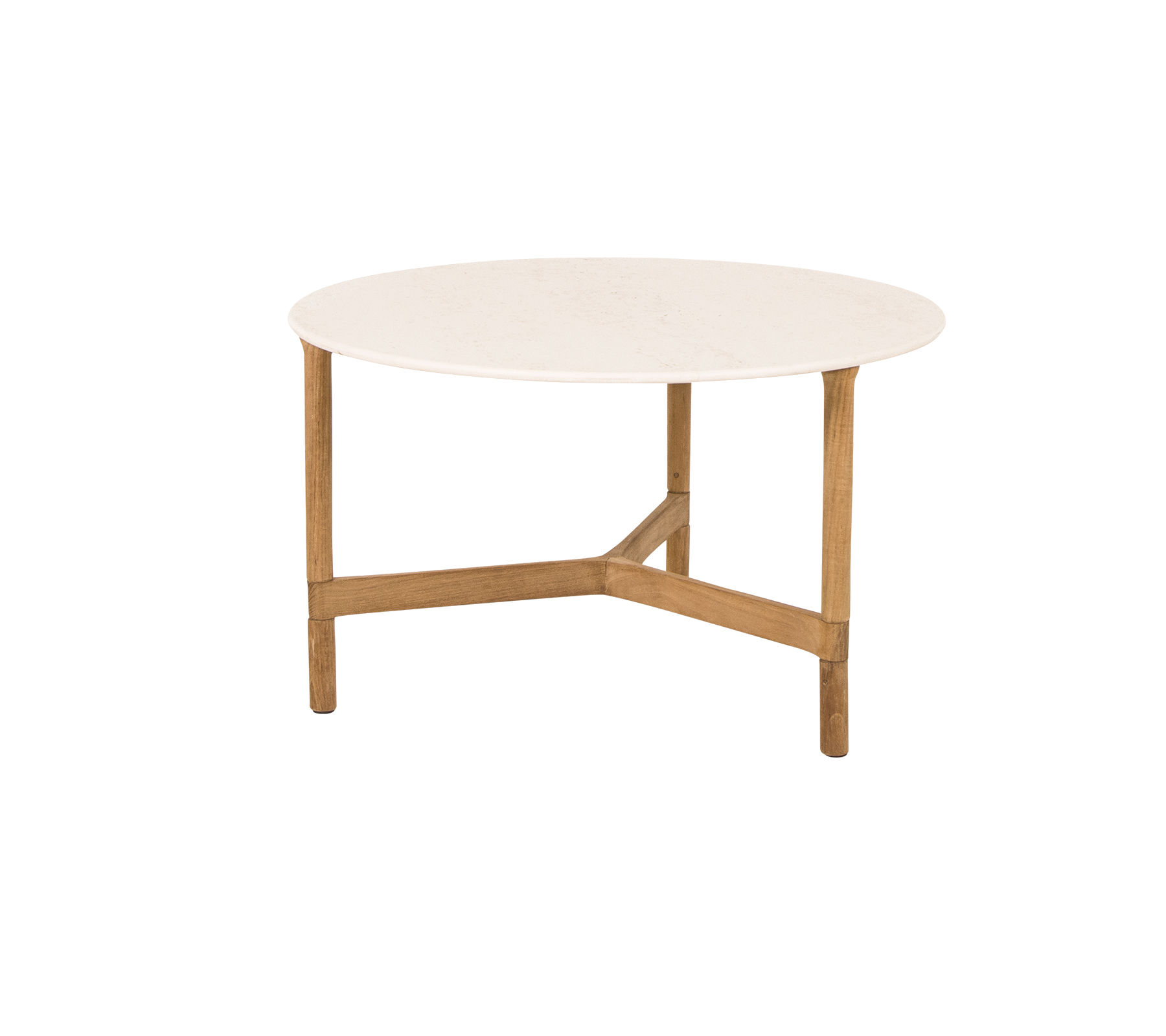 Runt soffbord med en slät vit topp och ljusa träben, med en modern och minimalistisk design.