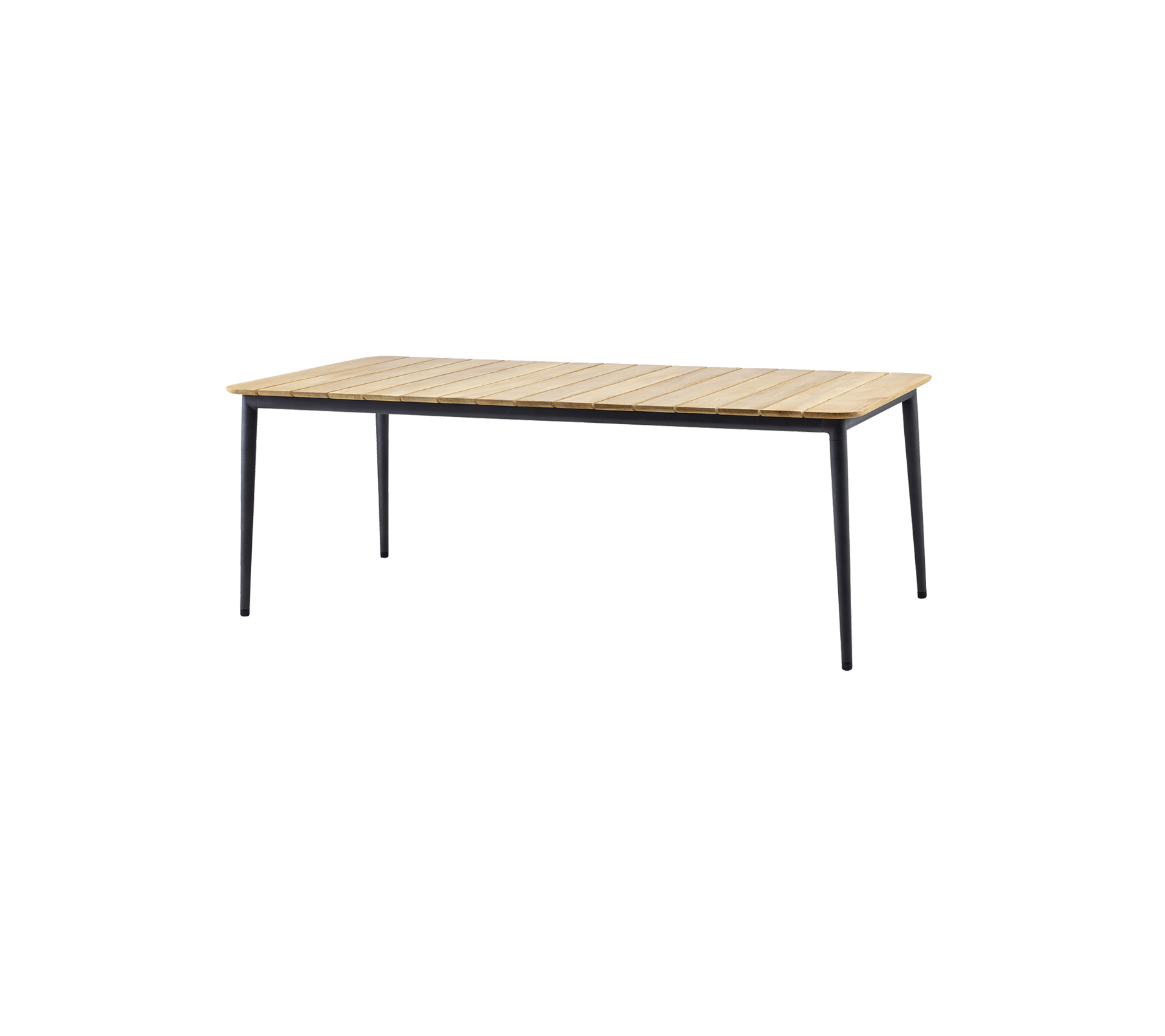 Stilfullt bord med en topp av trästavar och eleganta svarta ben, perfekt för olika miljöer och användningar.