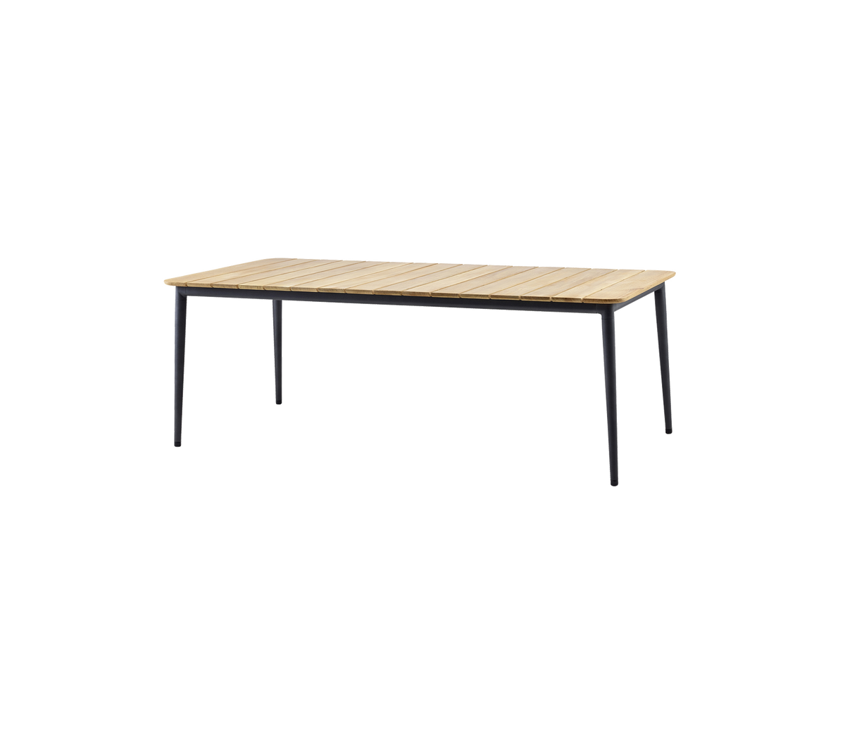 Stilfullt bord med en topp av trästavar och eleganta svarta ben, perfekt för olika miljöer och användningar.