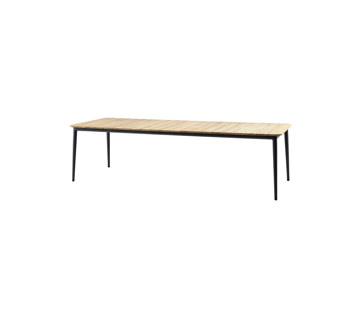 Träbord med en ljus yta och smala svarta ben, perfekt för moderna utrymmen.