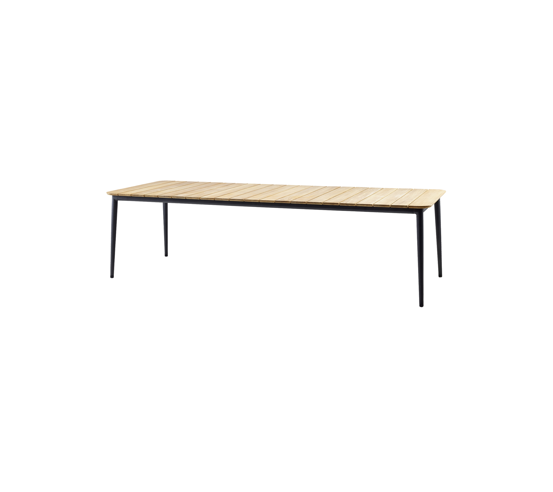 Träbord med en ljus yta och smala svarta ben, perfekt för moderna utrymmen.