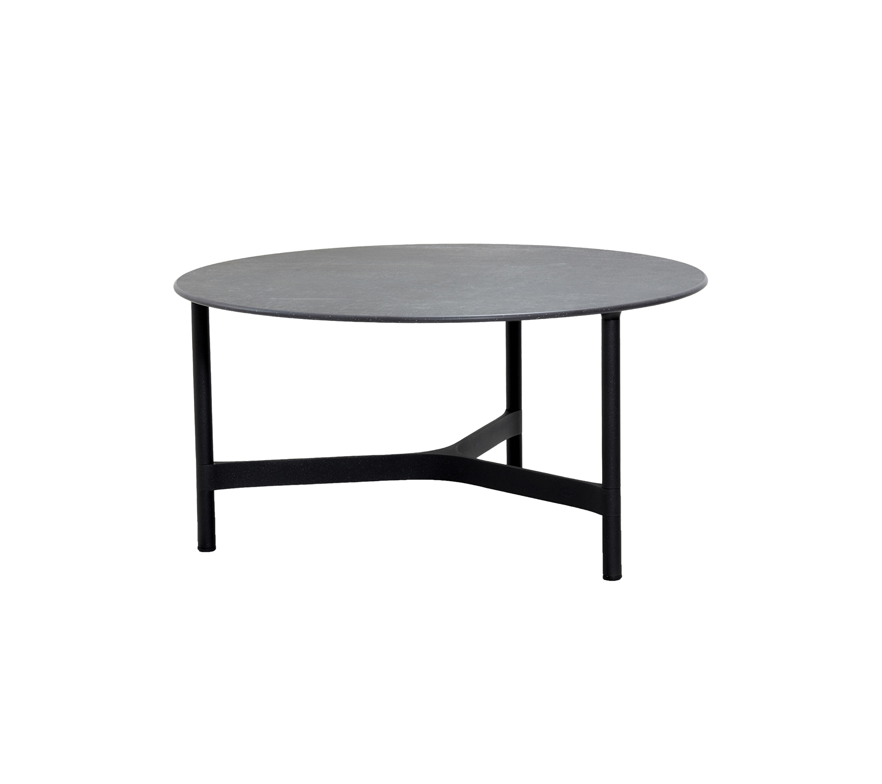 Runt bord med en grå yta, stödd av en slank svart ram med en minimalistisk design. Ideal för modern inredning.
