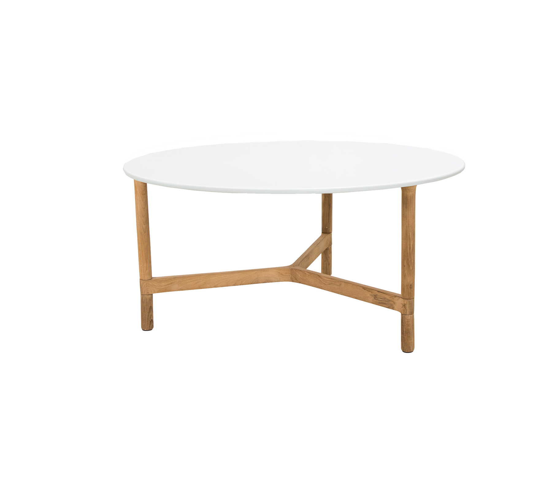 Ett runt kaffebord med en slank vit topp som stöds av robusta träben med en unik korsdesign.
