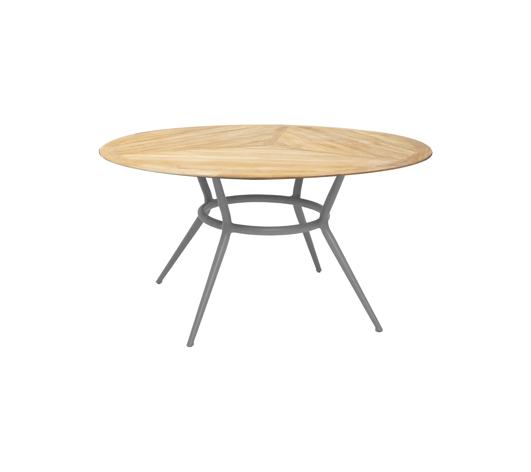 Runt träbord med en naturlig finish och en elegant, modern metallbas med tre vinklade ben. Idealiskt för olika miljöer.