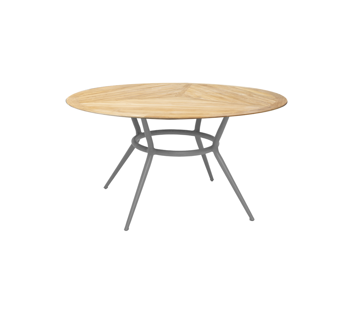 Runt träbord med en naturlig finish och en elegant, modern metallbas med tre vinklade ben. Idealiskt för olika miljöer.