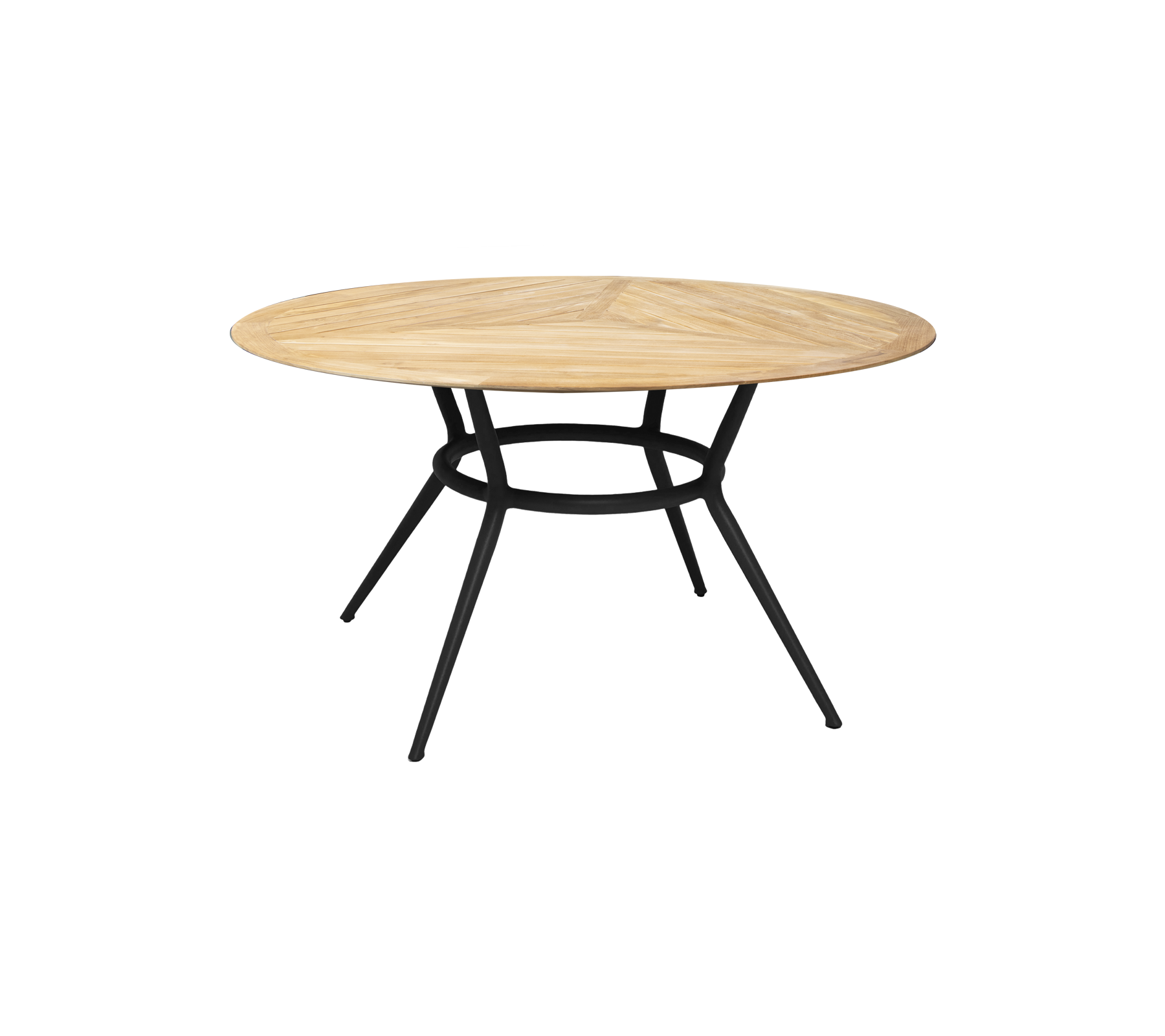Runt träbord med en ljus träyta och en svart metallfot, med en strömlinjeformad och modern design.