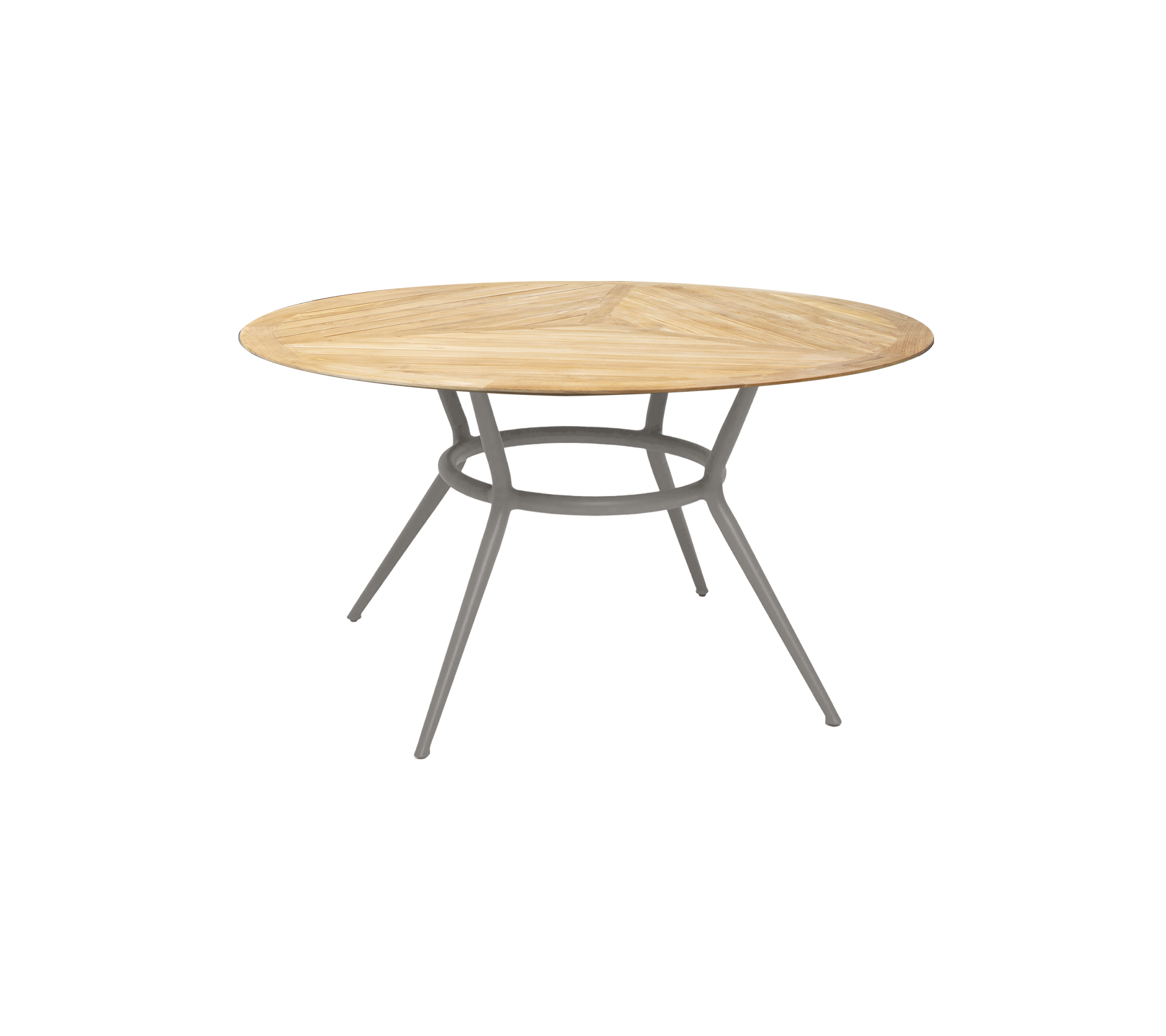 Runt träbord med ljus träyta och robusta grå ben, som erbjuder en modern och stilren design för olika miljöer.