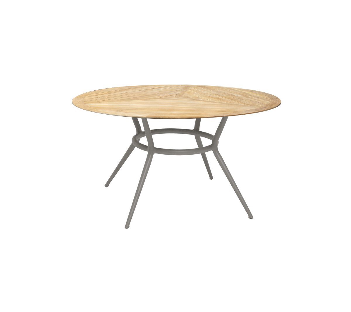 Runt träbord med ljus träyta och robusta grå ben, som erbjuder en modern och stilren design för olika miljöer.