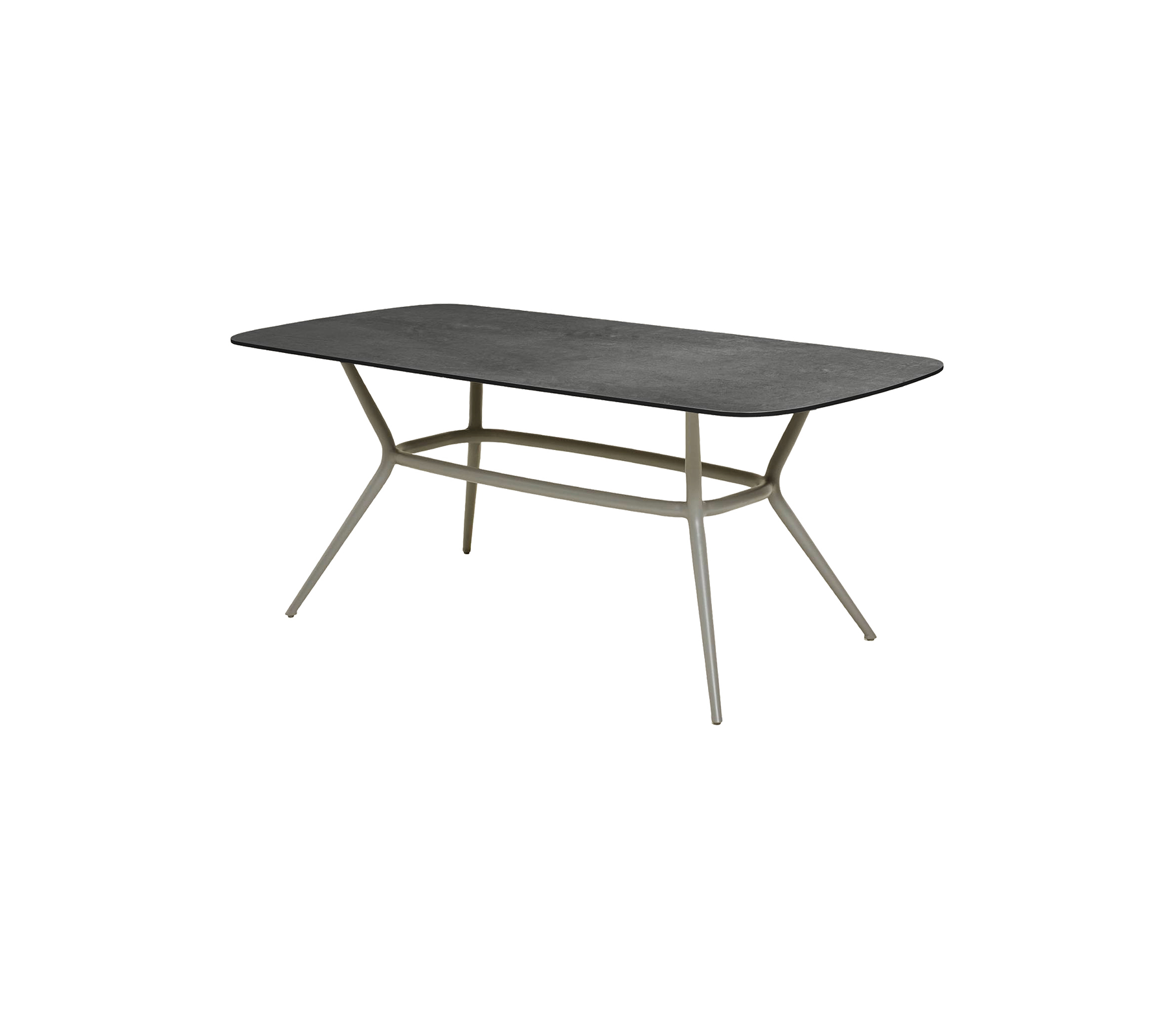 Modernt rektangulärt bord med en slank mörk yta och stiliga, vinklade ben för en samtida look. Ideal för olika miljöer.