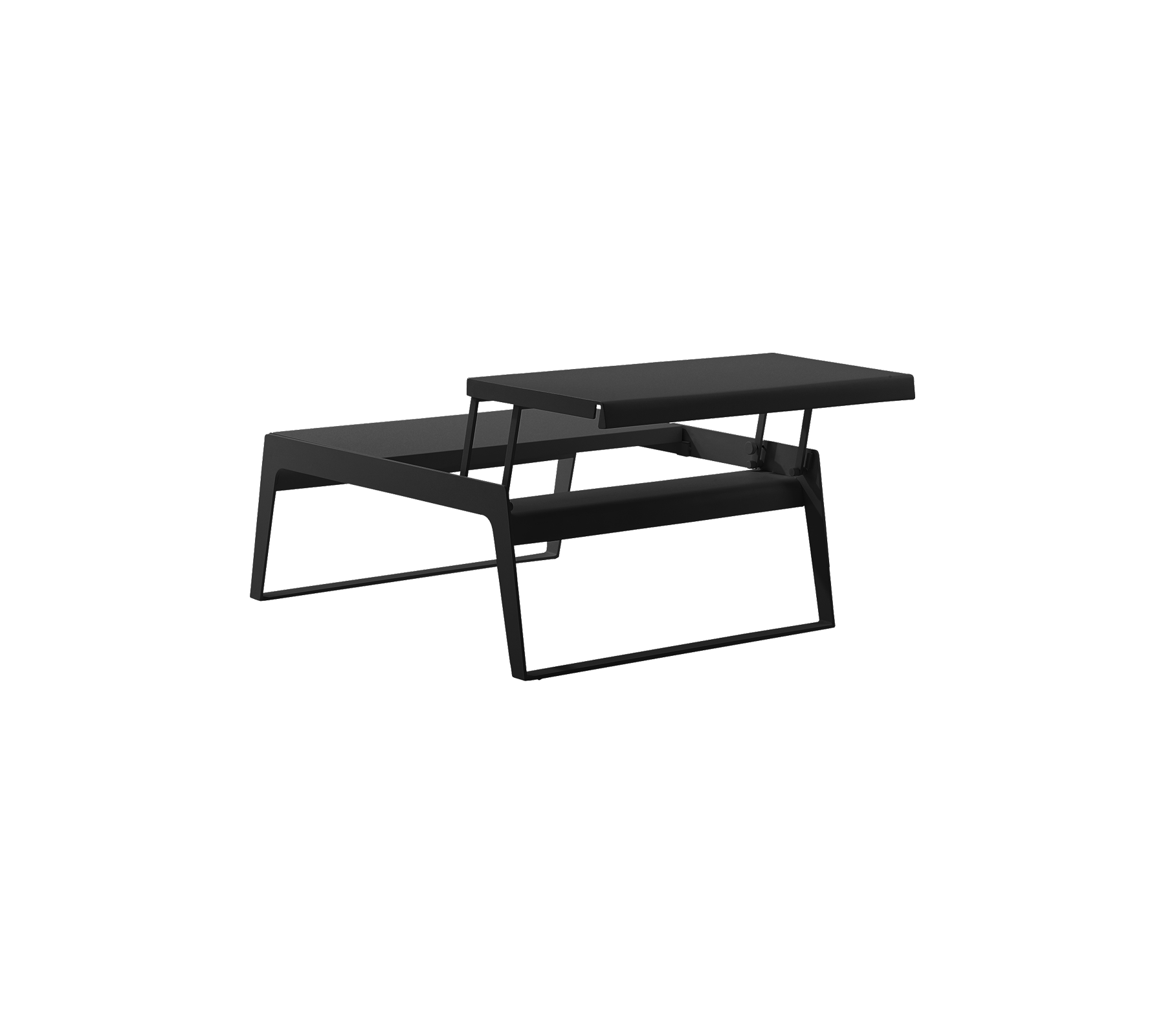 Modernt svart soffbord med en elegant, minimalistisk design som har en lager top och stabil ram. Idealiskt för samtida utrymmen.