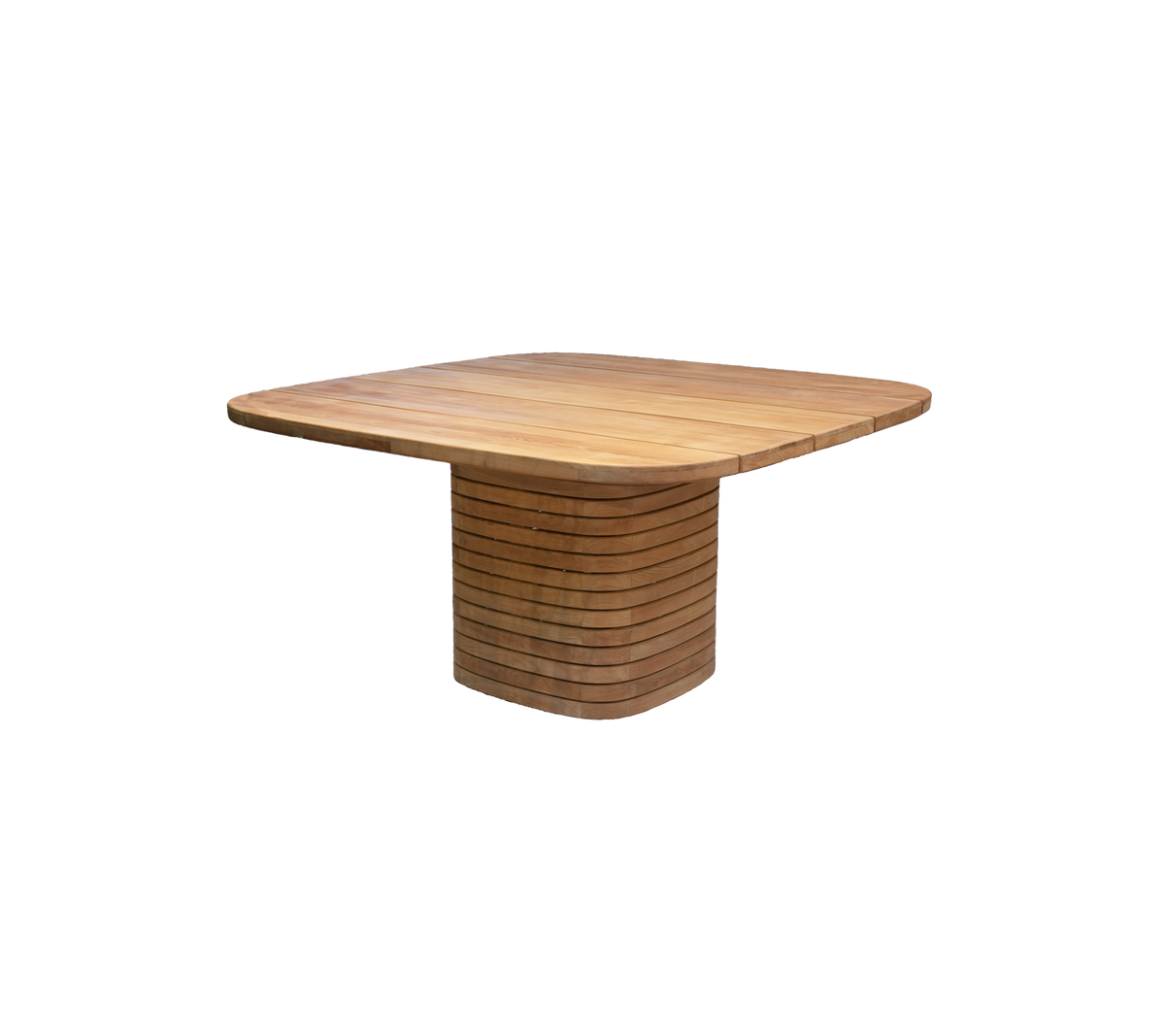 Fyrkantigt teakmatbord med en unik basdesign.