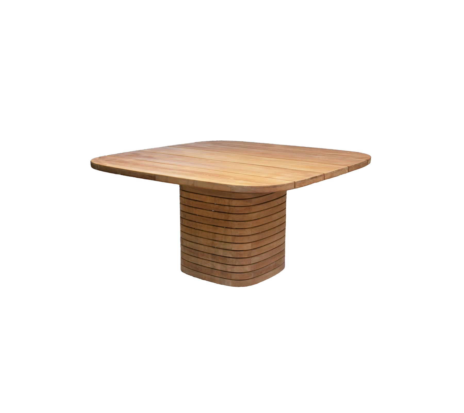 Fyrkantigt teakmatbord med en unik basdesign.