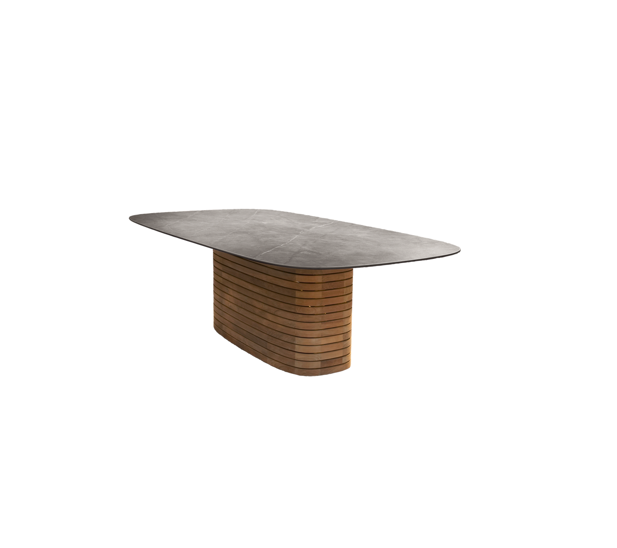 Teakbord med en slät yta och en distinkt basdesign.