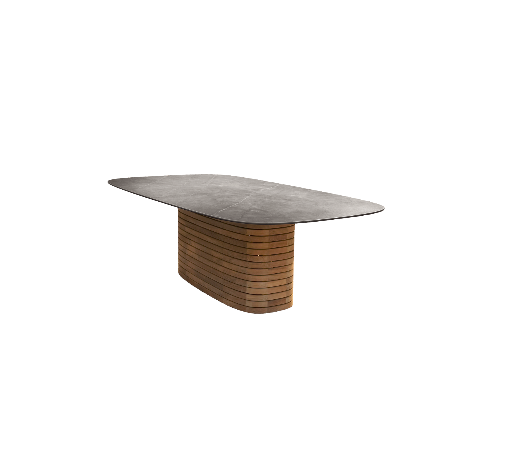 Teakbord med en slät yta och en distinkt basdesign.