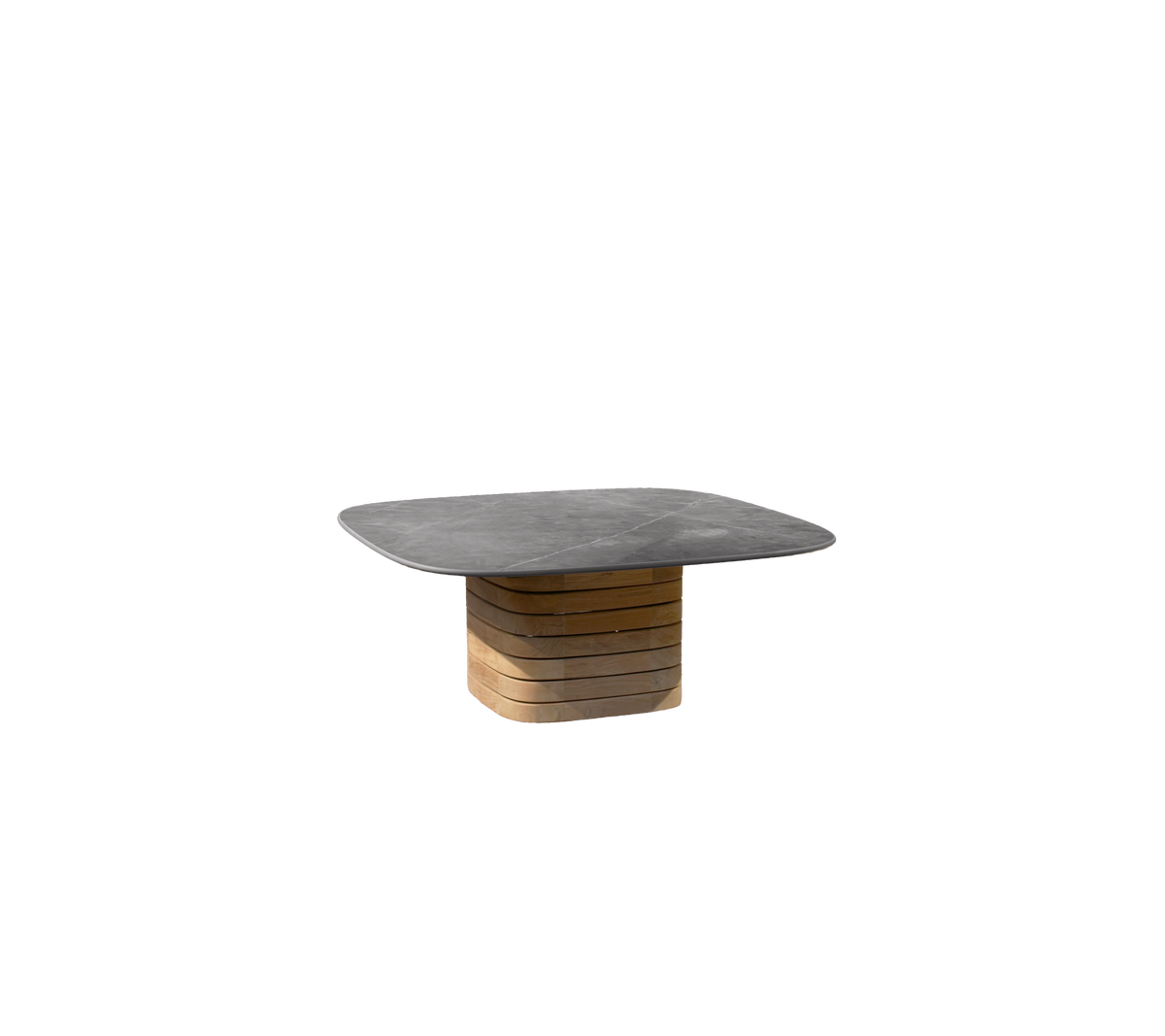 Grått bord med en teakbas i modern design.