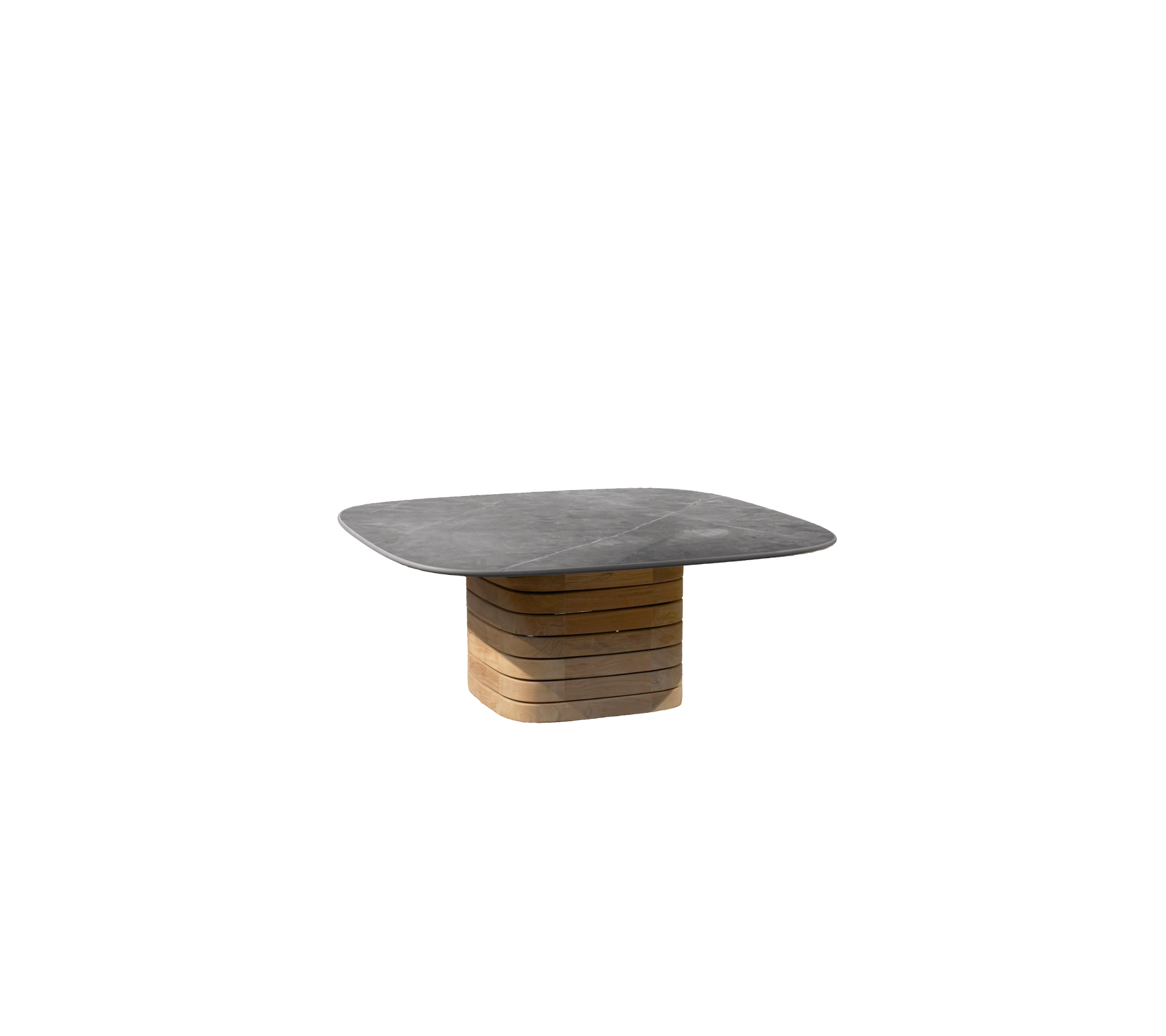 Grått bord med en teakbas i modern design.