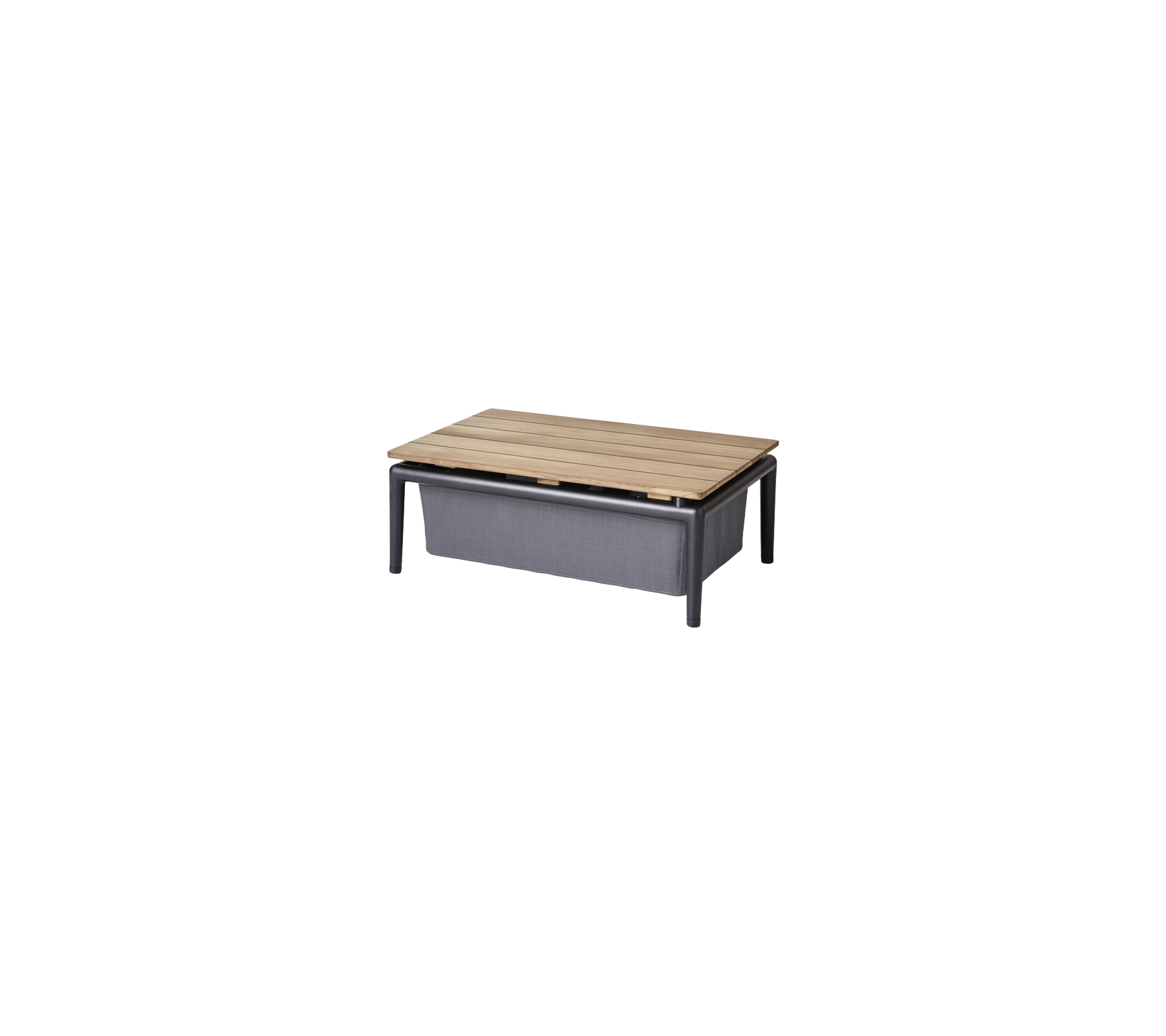 Kaffebord med en träskiva och ett förvaringsutrymme, med en minimalistisk design och kontrasterande färger.