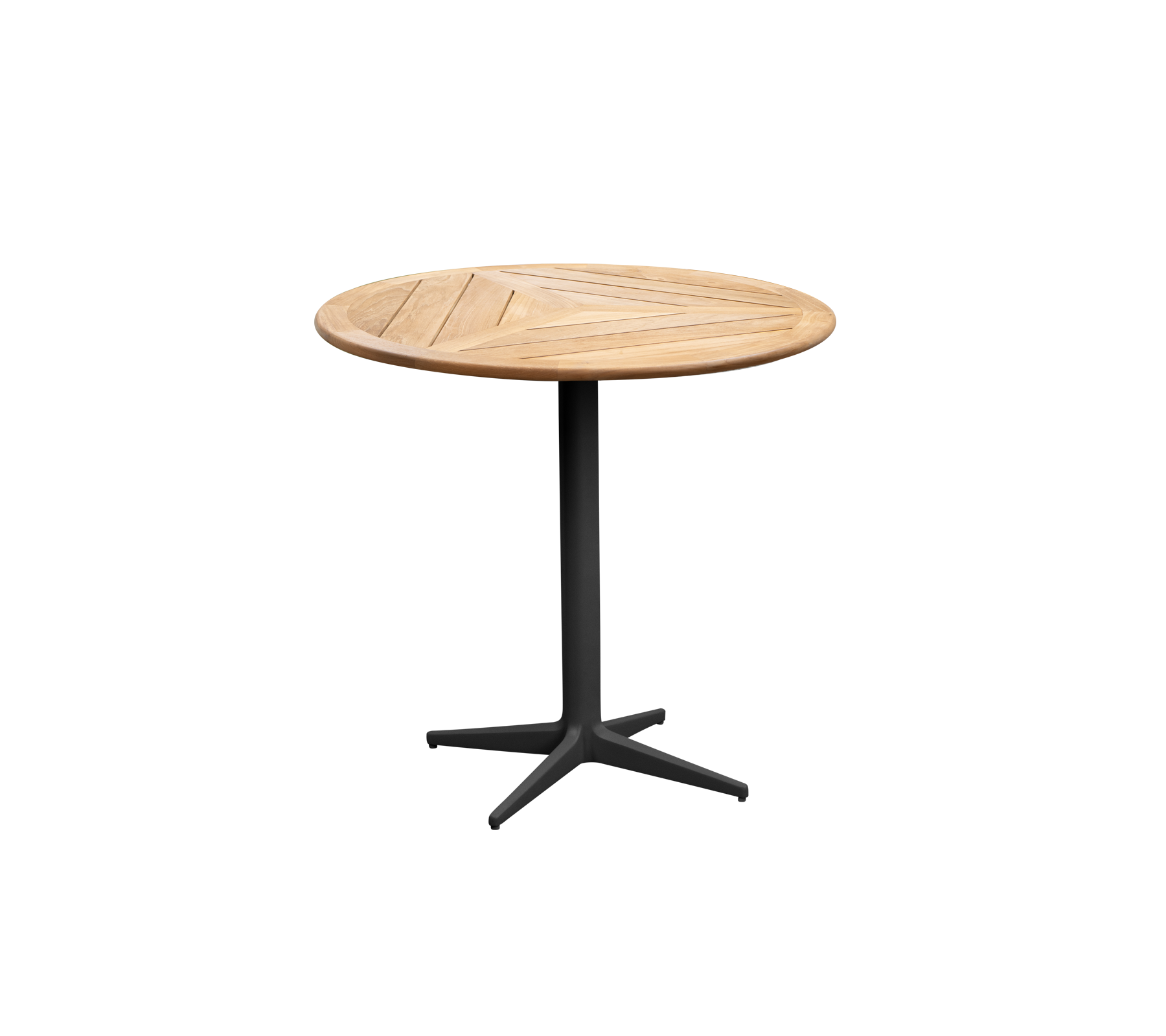 Runt träbord med slitsad topp och ett stabilt svart fot, perfekt för avslappnade sammankomster eller estetisk dekoration.