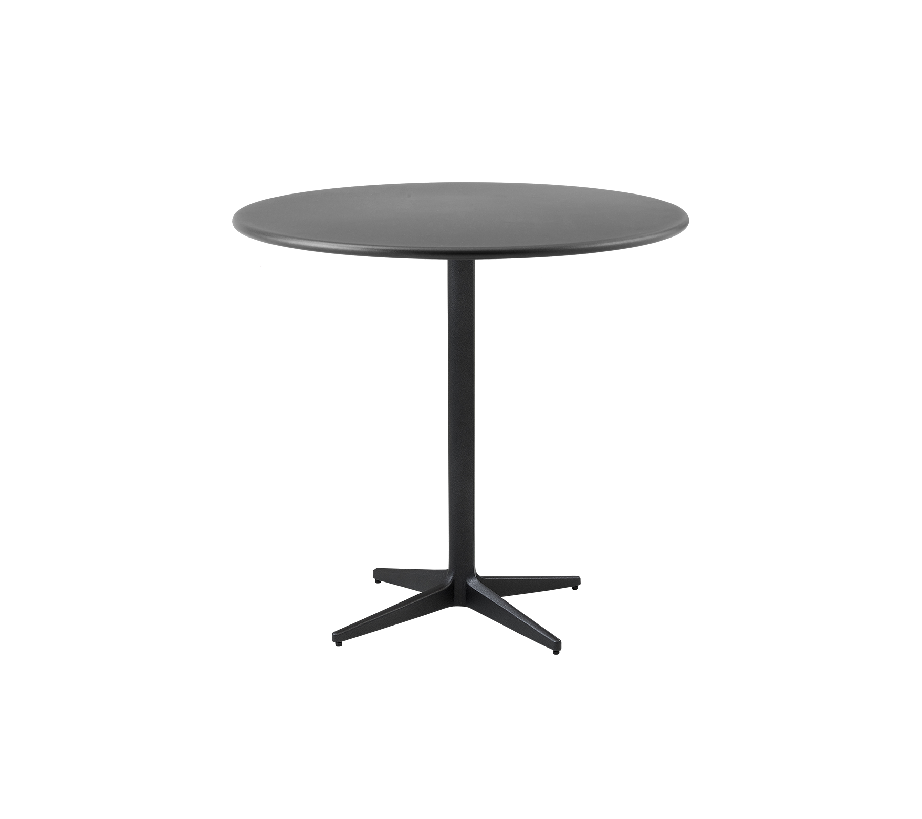Runt bord med en sleek svart finish och en minimalistisk design, med en stabil centralbas för stabilitet.