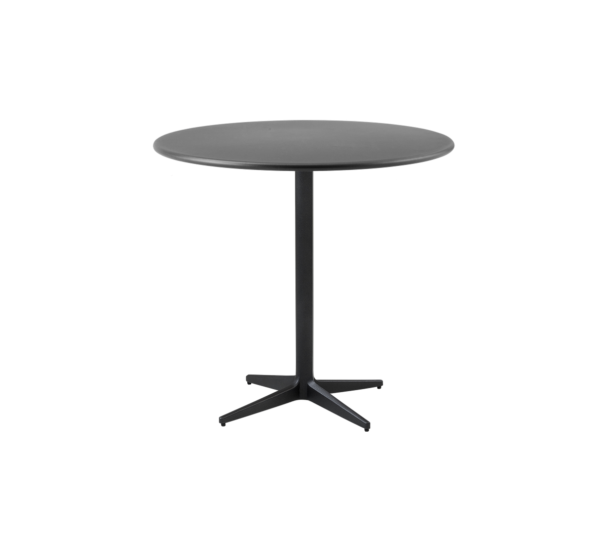 Runt bord med en sleek svart finish och en minimalistisk design, med en stabil centralbas för stabilitet.