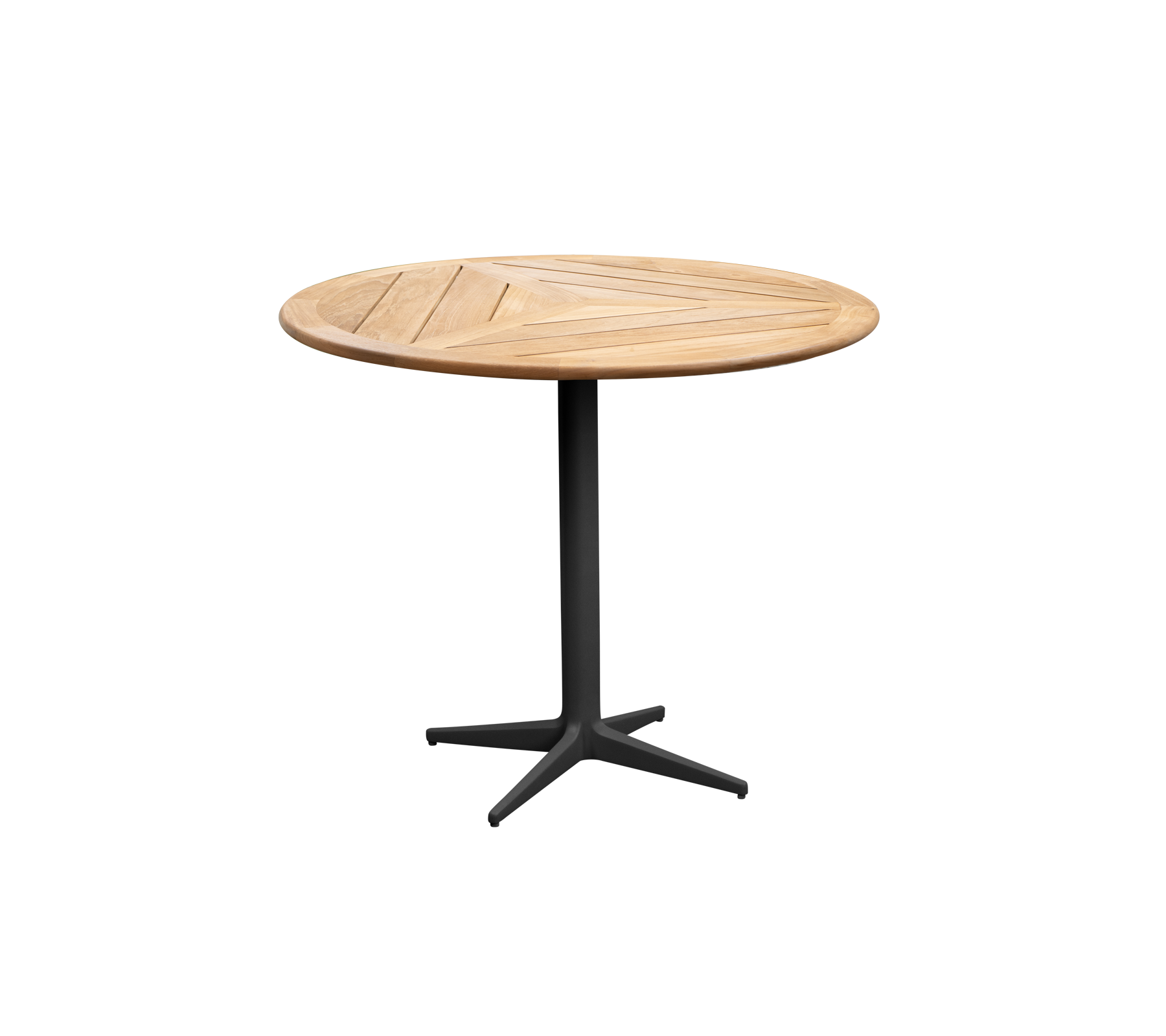 Runt träbord med en stilren design och en stadig svart bas, perfekt för olika miljöer. Idealiskt för avslappnad matlagning eller sammankomster.