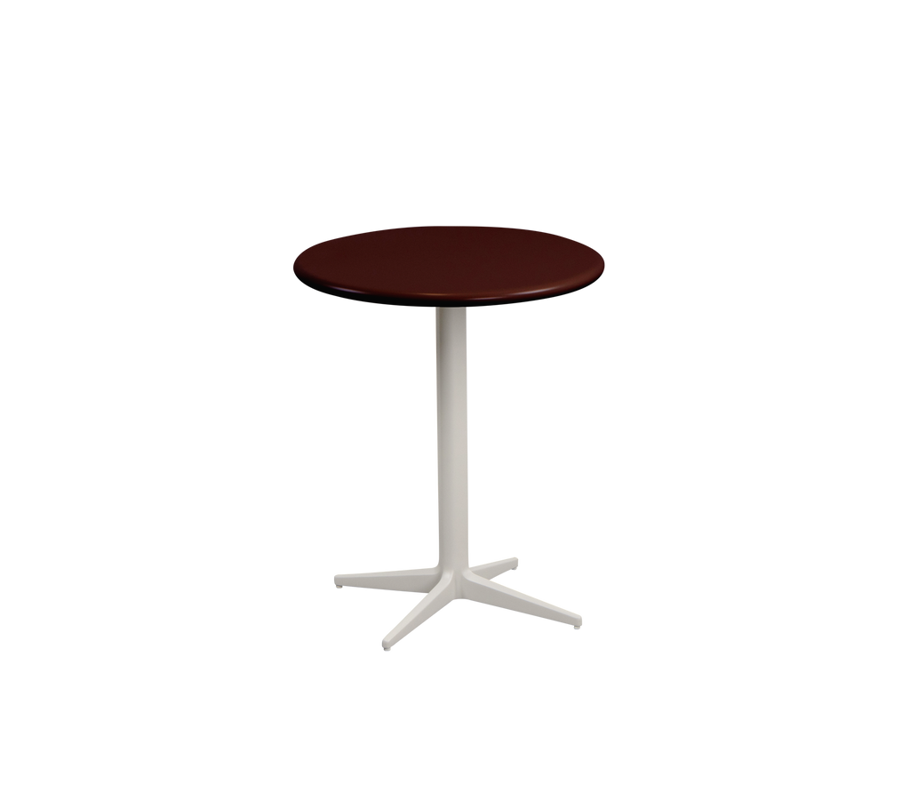 Burgundiskt runt bord med vit bas.