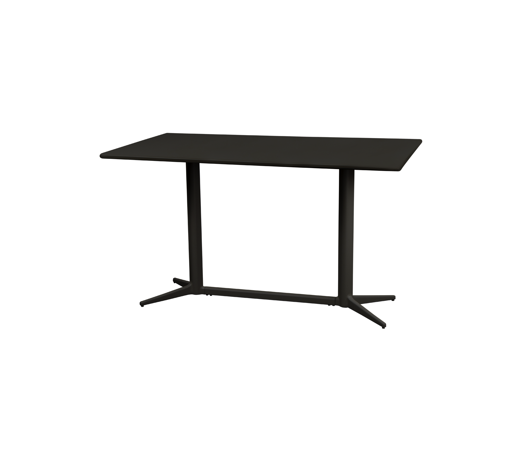 Modernt bord med en stilren rektangulär yta och stadiga ben, med en minimalistisk design i mörk finish. Ideal för olika utrymmen.