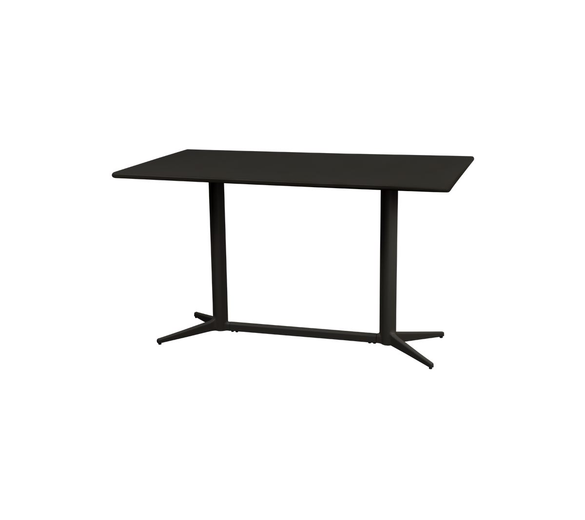 Modernt bord med en stilren rektangulär yta och stadiga ben, med en minimalistisk design i mörk finish. Ideal för olika utrymmen.