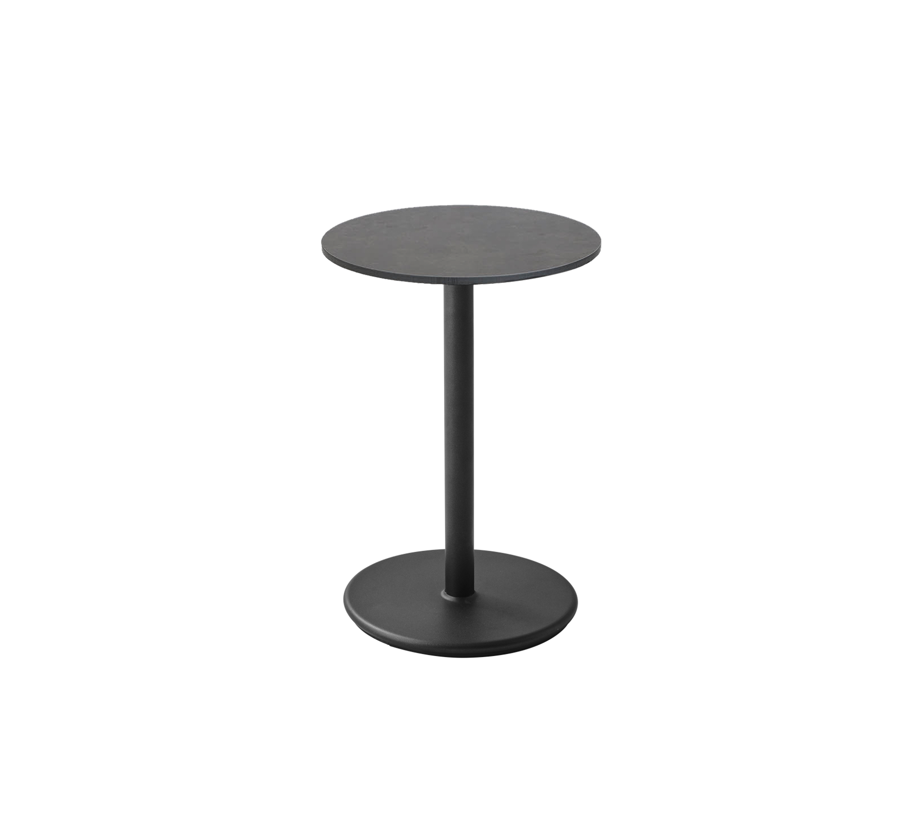 Ett elegant svart sidobord med en rund topp och stadigt underrede, perfekt för mångsidig styling i olika rum.