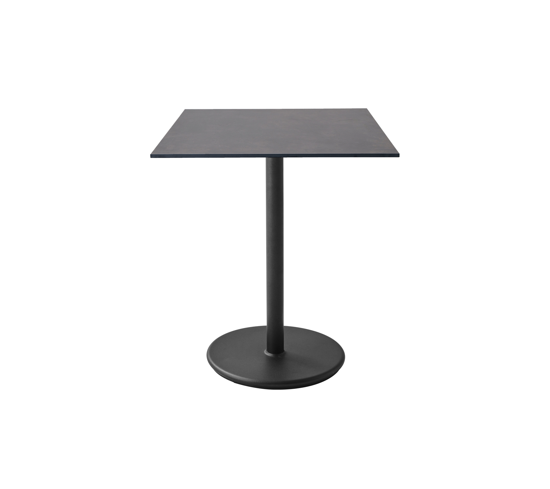 Fyrkantigt bord med en slät yta och en stabil rund bas, designat för moderna utrymmen och mångsidig användning.