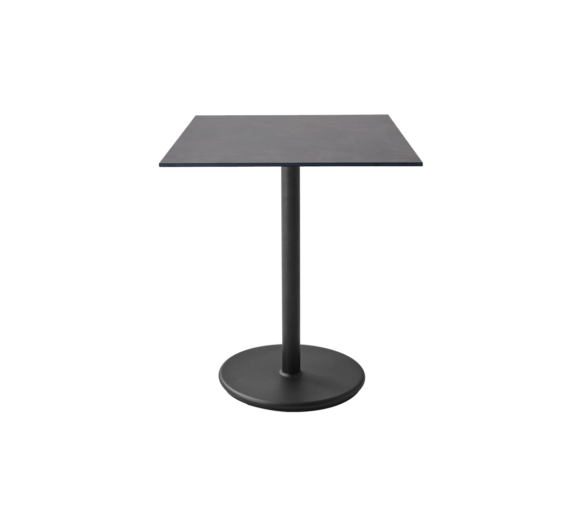 Fyrkantigt bord med en slät yta och en stabil rund bas, designat för moderna utrymmen och mångsidig användning.
