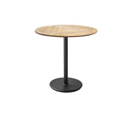 Runt bord med en träskiva som har en geometrisk design och en metallbas med matt yta. Perfekt för avslappnade måltider eller sammankomster.
